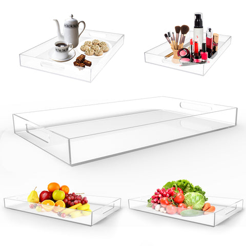 Acrylic Serving Tray - Crystal Clear Plastic Tea Platter(50x30x5cm) with Handles for Serving Tea, Coffee, Snacks, Foods, Fruits and Cakes Holds Perfumes, Cosmetics and Makeup Kit.