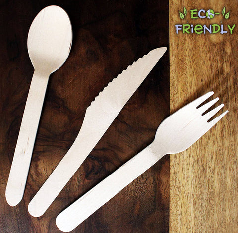 150 Pcs Disposable Wooden Cutlery Sets - Forks (50), Spoons (50) and Knives (50) - Alternative for Plastic ? Eco friendly Cutlery- Travel tableware for Parties, Weddings & Dinner Events, Picnics, Schools