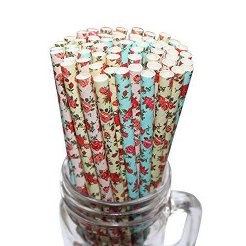 100 Piece Floral Paper Party Drinking Decorative Straws by Belle Vous - Blue, Pink and Yellow Flower Designs for Wedding, Baby Shower, BBQ, Thanksgiving, Christmas, Birthday and Engagement Parties